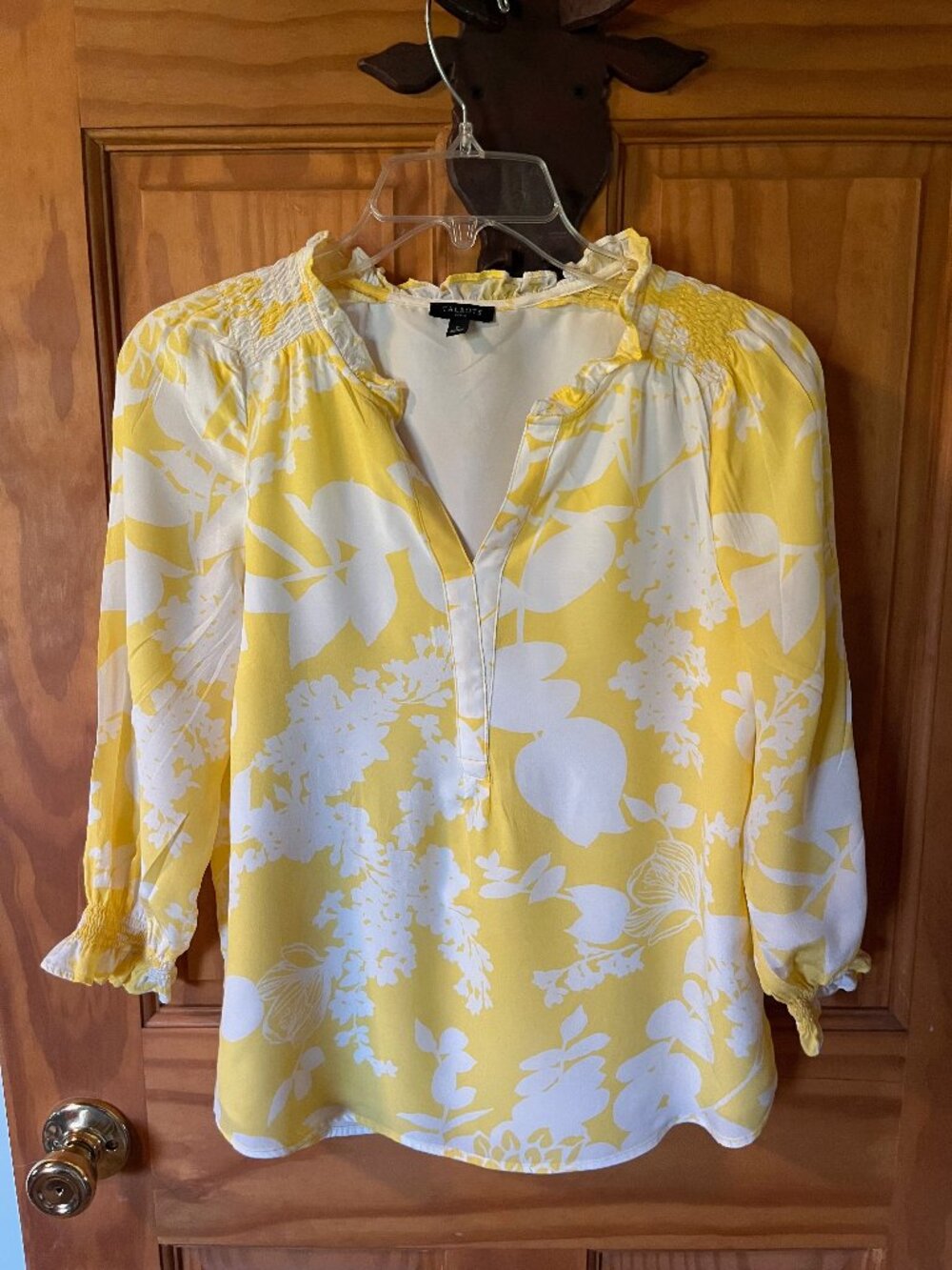 Talbots Petite Yellow Floral Ruffle Split Neck Popover Blouse - SP